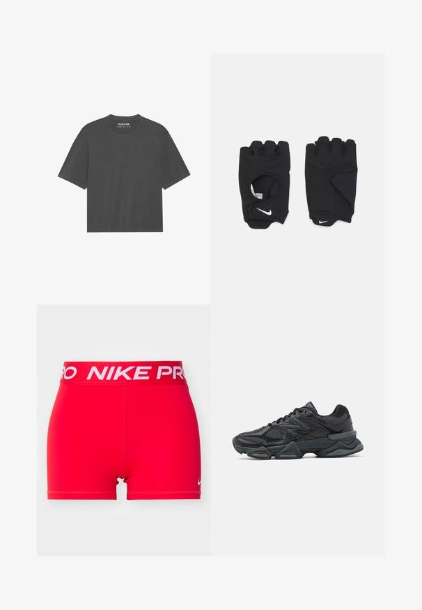 Mørkegrå t-shirt med korte ærmer, rund crew neck, lavet af blødt stof. Ingen synlige mønstre eller grafik, simpelt design.; Røde sports shorts med en hvid "NIKE PRO" logo elastik. Stoffet er glat og strækbart, designet til komfort og bevægelsesfrihed.; Sorte løbesko med en blanding af mesh og syntetiske materialer, kraftig sål, buet design og fremtrædende branding på siden.; Sorte fingerless handsker lavet af strækbart materiale, med en åben håndflade, grebdetaljer og Nike-logoet i hvid.