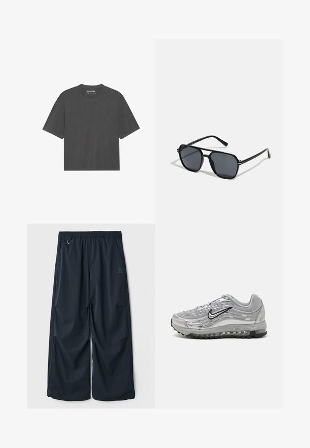 Donkergrijze t-shirt met korte mouwen, ronde ronde hals, gemaakt van zachte stof. Geen zichtbare patronen of afbeeldingen, simpel ontwerp.; Donkerblauwe, wijde broek met een elastische tailleband, voorzien van twee zijzakken en een klein driehoekig logo aan de linkerkant. Gladde textuur.; Grijze Nike Air Max sneakers met een bovenwerk van gaas en synthetisch materiaal, golfachtig ontwerp, zwarte accenten en een zichtbare luchtkussening.; Zwarte zonnebril met een octagonaal frame, donkere lenzen, glanzende afwerking, dunne tempels en gouden accenten aan de voorkant.