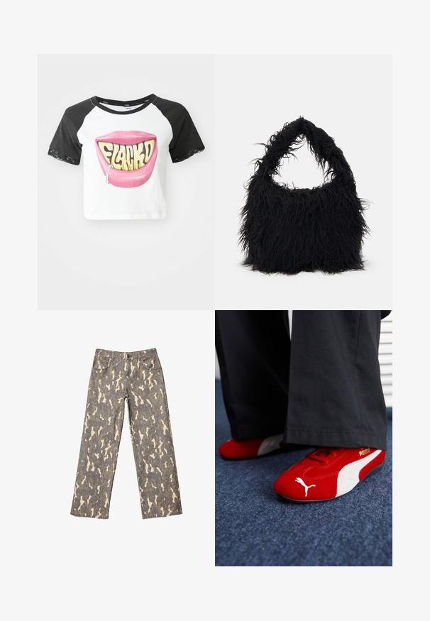 Kratka majica s crnim raglan rukavima, bijelim tijelom, koja ima veliki grafički prikaz ružičastih usana s natpisom "FLACKD" i srebrnim prstenom za usne. Čipkasti detalji na rukavima.; Široke kavbojke z sivim, bež in rjavim kamuflažnim vzorcem, sprednjimi žepi, zankami za pas in gumbom za zapiranje.; Rdeče semiš tene z belimi detajli, ki imajo teksturiran material, okroglo špico in zlat logotip na strani, nosene z črnimi hlačami.; Even&Odd Torba za nakupovanje - black