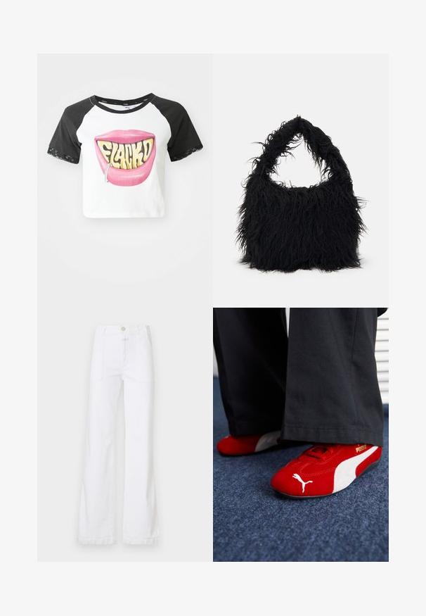 Kratka majica s crnim raglan rukavima, bijelim tijelom, koja ima veliki grafički prikaz ružičastih usana s natpisom "FLACKD" i srebrnim prstenom za usne. Čipkasti detalji na rukavima.; Bele kavbojke z visokim pasom, širok kroj, sprednjimi žepi in vidnimi šivi. Tkanina ima gladko, mat teksturo.; Rdeče semiš tene z belimi detajli, ki imajo teksturiran material, okroglo špico in zlat logotip na strani, nosene z črnimi hlačami.; Even&Odd Torba za nakupovanje - black