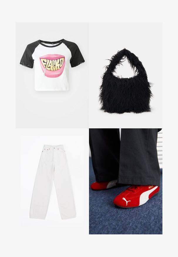 Top na krótki rękaw z czarnymi rękawami raglanowymi, biały korpus, z dużą grafiką różowych ust z napisem "FLACKD" oraz srebrnym kolczykiem w ustach. Koronkowe akcenty na rękawach.; Białe dżinsy typu wide-leg, wykonane z denimu, z pięcioma kieszeniami, miedzianymi dodatkami i zapięciem na guziki. Gładka struktura i prosty krój.; Czerwone zamszowe sneakersy z białymi akcentami, z teksturowanym materiałem, okrągłym noskiem i złotym logo z boku, noszone z czarnymi spodniami.; Even&Odd - Torba na zakupy