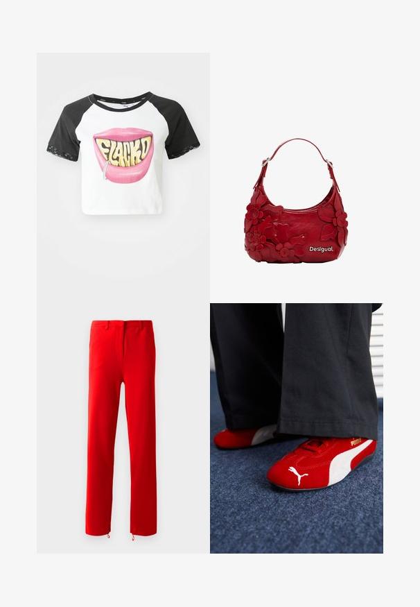 Lyhyt toppi, jossa on mustat raglan-hihat, valkoinen vartalo, ja suurella graafisella painatuksella pinkeistä huulista, joissa on 'FLACKD'-teksti ja hopeinen huulirengas. Hihnoissa on pitsikoristeluja.; Punat punkaasta, sileästä ja joustavasta kankaasta. Ominaisuuksina litteä etuosa, piilotettu vetoketju, suorat lahkeet ja säädettävät nyörikahvat lahkeissa.; Punaiset mokkapohjaiset lenkkarit valkoisilla yksityiskohdilla, joissa on tekstuurinen materiaali, pyöreä kärki ja kultainen logo sivussa, yhdistetty mustiin housuihin.; Punainen nahkainen käsilaukku, jossa on kukkakoristeinen muotoilu, kaareva malli ja lyhyet kahvat. Hopeiset yksityiskohdat ja brändin nimi "Desigual" keskeisessä asemassa.