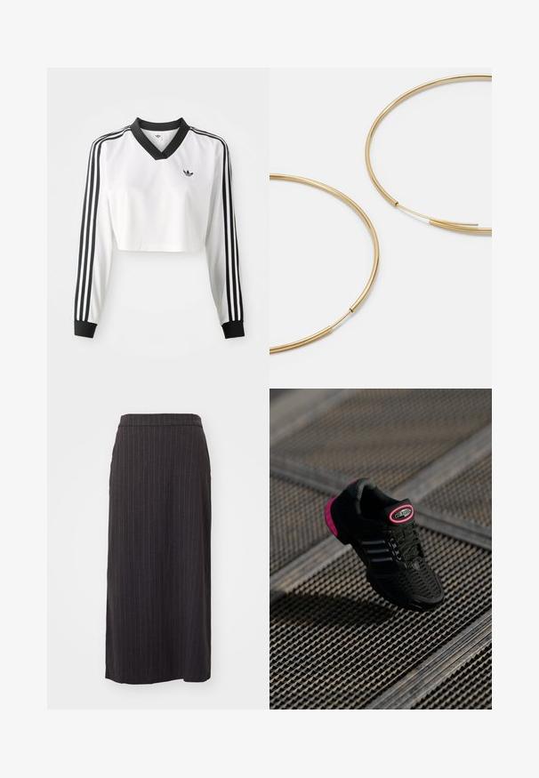 Balts ilgā piedurkne ir īsā krekliņā ar melnu V veida kaklu, kontrastējošiem melniem aproču galiem un trim melnām svītrām uz katras piedurknes. Mazs logo uz krūtīm.; Melnas svītrainas midi svārki ar taisnu siluetu, ar gludu tekstūru un jostu augšpusē. Iekļauta sānu atvere.; Melnas sporta kurpes ar acs augšdaļu, rozā akcentiem un melniem svītru elementiem. Izmanto teksturētu zoles materiālu, kā arī uz papēža ir logo etiķete.; Zelta krāsas auskari gredzena formā, plāni un apaļi, ar gludu metāla apdari un bez rotājumiem vai zīmējumiem.