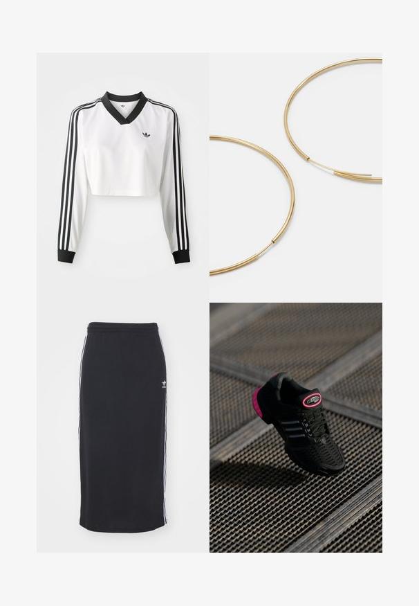 Top corto bianco a maniche lunghe con scollatura a V nera, polsini neri a contrasto e tre strisce nere su ciascun manica. Piccolo logo sul petto.; Gonna midi nera a coste con strisce laterali bianche, vita elastica e piccolo logo. Texture liscia, design casual e sportivo.; Scarpa sportiva nera con parte superiore in rete, dettagli rosa e strisce nere. Presenta una suola testurizzata e un'etichetta con logo sul tallone.; Orecchini a cerchio color oro, sottili e rotondi, con una finitura metallica liscia e senza decorazioni o motivi.