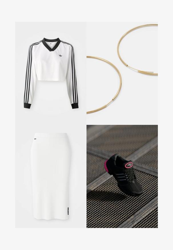 Balta ilga rankovė su trumpu apvadu, juodu V formos kaklu, kontrastingais juodais raišteliais ir trimis juodomis juostelėmis kiekvienoje rankovėje. Mažas logotipas krūtinėje.; Balta smulkiai raištinė midi sijonas su prigludusiu siluetu. Šone yra juodas prekės ženklo žymėjimas. Medžiaga yra lygi ir turi elastinę juosmenį.; Juodi sportiniai batai su tinkliniu viršumi, rožinėmis akcentais ir juodomis juostelėmis. Yra tekstūruotas padas ir logotipo etiketė ant kulno.; Aukso spalvos žiedo auskarai, ploni ir apvalūs, su lygiu metaliniu paviršiumi be papuošimų ar raštų.