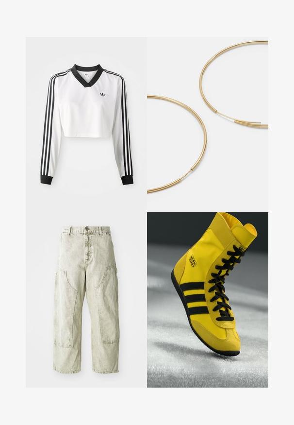 Bijela dugačka majica kratkog kroja s crnim V-izrezom, kontrastnim crnim manžetama i tri crne pruge na svakoj rukavu. Mali logo na prsima.; Svijetlozeleni široki cargo hlače od trapera, s velikim bočnim džepovima, kopčanjem na dugme i zatvaraču, te vidljivim šavovima.; Visoki tenisice napravljene od žutog sintetičkog materijala, sa crnim vezicama, tri crne pruge i brendiranjem sa strane. Teksturirana gumena potplat.; Zlatne kružne naušnice, tanke i okrugle, s glatkom metalnom površinom bez ukrasa ili uzoraka.