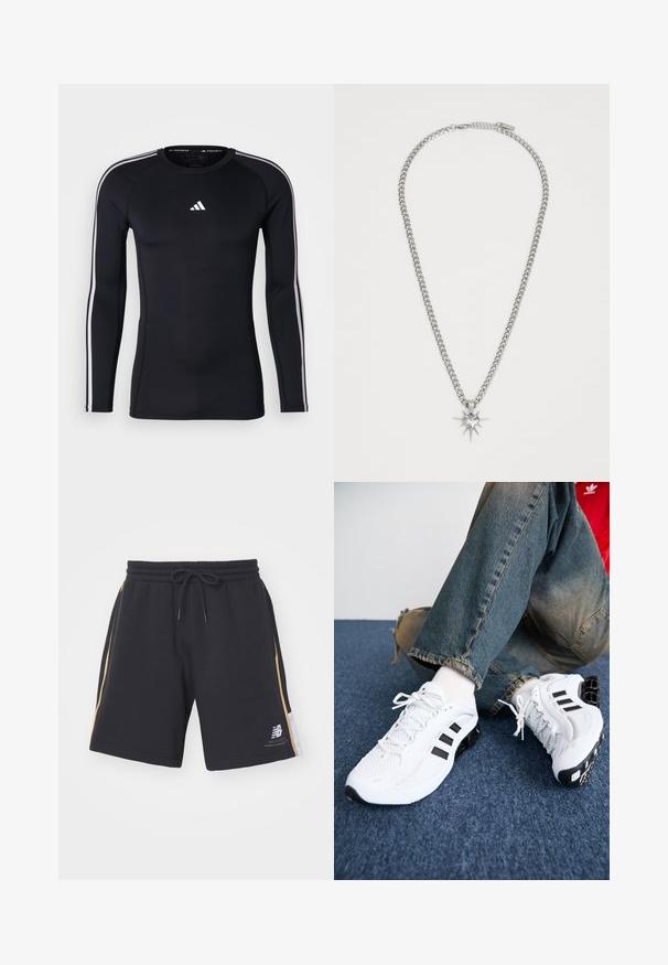 Zwart atletisch shirt met lange mouwen en een getailleerd ontwerp. Kenmerkt zich door een wit Adidas-logo op de borst en witte strepen langs de schouders.; New Balance Trainingsbroek - black; Witte mesh sport schoenen met zwarte accenten, voorzien van een textuurontwerp en een onderscheidende zool, gecombineerd met blauwe spijkerbroeken.; FAINZ SPIKE HEART CHAIN UNISEX - Ketting - silver-coloured
