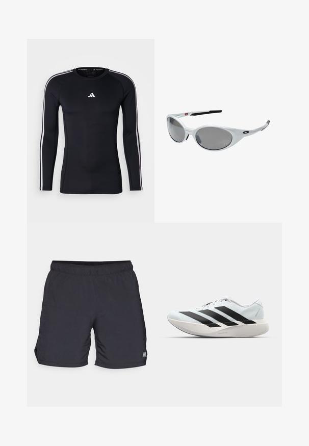 Juodas ilgomis rankovėmis sportinis marškinėliai su prigludusia forma. Pasižymi balta Adidas logo ant krūtinės ir baltais dryžiais per pečius.; Juodi sportiniai šortai, pagaminti iš lengvos medžiagos, su elastinga juosmens juosta ir šoninėmis angomis judumui. Minimalus ženklinimas šone.; Lengvi bėgimo batai šviesiai mėlynos spalvos su juodomis juostelėmis. Yra lygus viršus, apvalus pirštas ir storas baltas vidpadis su užrašu "LIGHTSTRIKE PRO."; Baltos plastikinės saulės akiniai su dideliais ovaliais objektyvais, pilkai nudažyti. Turime juodas ausis laikančias dalis ir mažą logotipą ant rėmelio. Lygus paviršius.