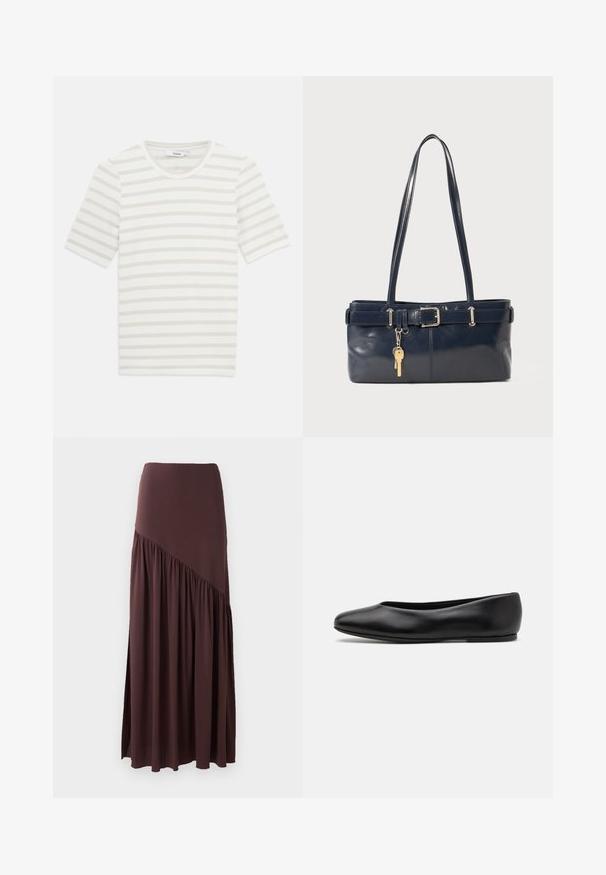 T-shirt à manches courtes rayé, fabriqué en mélange de coton léger, présentant des rayures beige clair et blanc cassé, un col rond et une texture douce.; Jupe maxi marron en tissu doux. Elle possède une taille ajustée et un design asymétrique avec des détails froncés sur un côté.; Paul Smith TOPANGA - Ballerines - black; Sac à main en cuir bleu marine avec deux longues poignées, un détail de boucle et un porte-clés accroché. Il présente une texture lisse et une forme rectangulaire.