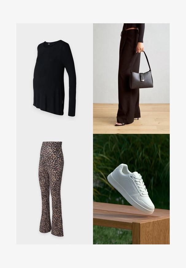 Juoda ilgomis rankovėmis nėštumo bluzonas, pagamintas iš lygaus audinio, pasižymintis laisvu siluetu ir apvaliu iškirpimu, tinkantis augančiam pilvui.; Leopardo raštis, pailgos legginsai su aukštu liemeniu. Pagaminti iš elastingos medžiagos, su smėlio spalvos pagrindu ir juodais dėmėtais raštais.; Balti sneakeriai su lygia sintetine viršutine dalimi, perforuota pirštų zona, plokščiomis raištelėmis ir tekstūruotu padu, padėti ant medinės paviršiaus.; Juodas rankinė struktūrizuota forma, lygi tekstūra ir metalinis užsegimas. Suporuota su plačiomis juodomis kelnėmis ir atvirais bateliais ant medinių grindų.