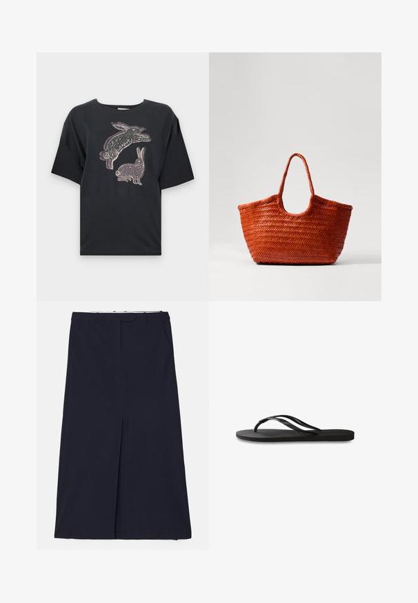Čierne bavlnené tričko s voľným strihom, s grafickým potlačou dvoch králikov v bielej a svetlo fialovej farbe na prednej strane. Krátke rukávy a okrúhly výstrih.; DESIGNERS REMIX SCOTT LONG SKIRT - Maxisukňa - navy; Čierne žabky s textúrovanou gumovou podrážkou, dvoma štíhlymi popruhmi a diskrétnym embosovaným logom na popruhu.; DRAGON DIFFUSION NANTUCKET BASKET BIG - Kabelka - naranja