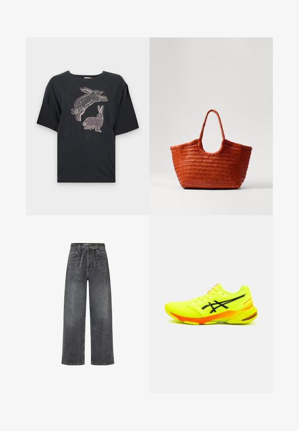 Sort bomulds T-shirt med løs pasform, prydet med et grafisk motiv af to kaniner i hvid og lyslilla på fronten. Korte ærmer og rund halsudskæring.; Højtaljede, vide sorte denim jeans med frontlommer og et stofbælte, der er bundet i en sløjfe i taljen.; Lys gul atletiksko med sorte detaljer, mesh-overdel, tekstureret overflade og en orange hældetalje. Letvægtsdesign til præstation.; DRAGON DIFFUSION NANTUCKET BASKET BIG - Håndtasker - naranja