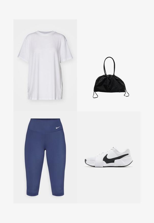Weißes, übergroßes T-Shirt aus Baumwolle mit Rundhalsausschnitt, kurzen Ärmeln und seitlichen Schlitzen für eine entspannte Passform. Glatte Textur.; Dunkelblaue Capri-Leggings aus dehnbarem Material, mit einem breiten Bund und einem kleinen weißen Logo auf der linken Seite. Keine sichtbaren Nähte.; Weiße Sportschuhe mit schwarzen Akzenten, ausgestattet mit einem strukturierten Mesh-Obermaterial, gepolsterter Kragen und Gummisohle mit Zickzackmuster.; Schwarze Stoffzugtasche mit zwei langen Griffen, gerafftem oberen Teil, glatter Textur und einem kleinen Knopfakzent an der Basis.
