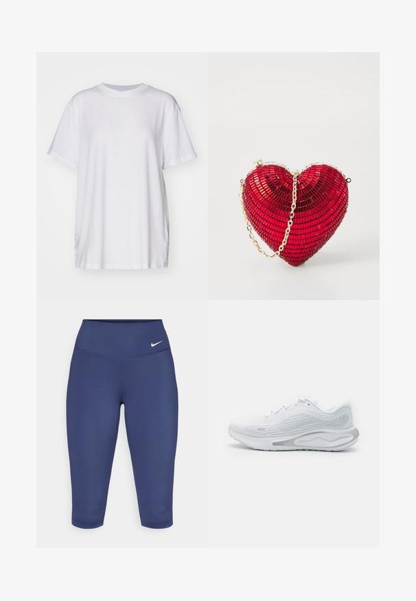 Balta per didelė medvilninė marškinėlių, su apvalia iškirpte, trumpomis rankovėmis ir šoninėmis praplatinimų detalėmis, užtikrinančiomis komfortišką prigludimą. Sklandus paviršius.; Tamsiai mėlynos spalvos capri tipo leggingai, pagaminti iš tamprios medžiagos, su plačiu juosmeniu ir mažu baltu logotipu kairėje pusėje. Siūlės nematomos.; Nike Performance JOURNEY RUN - Bėgimo batai plentui - white/pure platinum/metallic silver; Raudona širdies formos rankinė su mozaikos dizainu, turinti metalinę auksinę grandinėlę ir užsegimą viršuje. Blizgus paviršius.