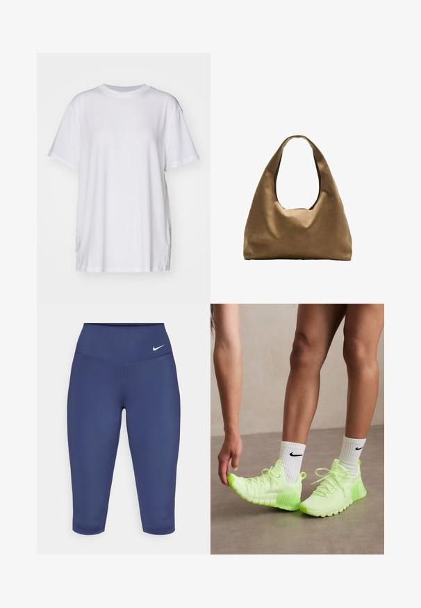 Bílé oversized tričko vyrobené z bavlny, s kulatým výstřihem, krátkými rukávy a bočními rozparky pro uvolněný střih. Hladká textura.; Tmavě modré leggingy capri vyrobené z elastického materiálu, s širokým pasem a malým bílým logem na levé straně. Bez viditelných švů.; Neonově zelené sportovní boty s texturovanou podrážkou, šněrování a bílým logem Nike na boku. Nosené s bílými ponožkami s černými akcenty.; Hnědá textilní taška přes rameno s širokým, zaobleným tvarem a velkým výřezem na rukojeť. Měkká textura, minimalistický design a žádné viditelné kovové prvky.