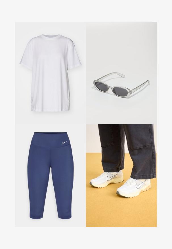Balts oversize T-krekls izgatavots no kokvilnas, ar apaļu kakla izgriezumu, īsām piedurknēm un sānu šķelumiem, lai nodrošinātu brīvu piegriezumu. Gluda tekstūra.; Tumsas zilas capri legingi, izgatavoti no elastīga auduma, ar platām jostām un mazu baltu logo kreisajā pusē. Nav redzamu šuvju.; Baltas sporta apģērbs ar tīkla un sintētiskajiem materiāliem, ar pelēku logotipu, teksturētu zoli un bēšiem akcentiem, saskaņots ar tumšām biksēm.; Saulesbrilles ar ovālu formu, caurspīdīgu plastmasas rāmi, tumši pelēkiem stikliem un plāniem caurspīdīgiem kātiem, kas satur logotipa akcentus un minimālu noformējumu.