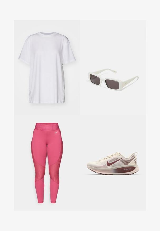 Fehér, nagyméretű pamut póló, kerek nyakkivágással, rövid ujjakkal és oldalsó hasítékokkal a laza illeszkedés érdekében. Simma textúra.; Rózsaszín sport leggings széles derékkal, texturált díszítésekkel és panel kialakítással, sima, rugalmas anyagból készült.; Nike Performance VOMERO 18 - Utcai futócipők - pale ivory/dark team red/red sepia/silt red/phantom; VOGUE Eyewear Napszemüvegek - full ivory/black smoke