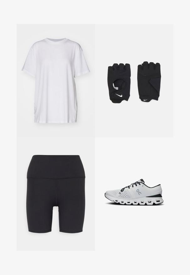 Valge suuruses T-särk, mis on valmistatud puuvillast, millel on ümmargune kaelus, lühikesed varrukad ja külgmised lõhenemised mugava istuvuse tagamiseks. Sile tekstuur.; Mustad mustad lühikesed püksid, mis on valmistatud venivast materjalist, omavad kõrget taljeosa, sileda tekstuuri ning ei sisalda nähtavaid mustreid ega metallosi.; Meeste jooksujalatsid valgest võrgutusmaterjalist mustade aktsentidega. Omavad tekstuurset pealistust, paeltega sulgemist ja tükilist valget talda, millel on lõiked.; Mustad mustruu kindad, mis on valmistatud venivast materjalist, avatud peopesadega disainiga, grippimiskohtadega ja valge Nike logoga.