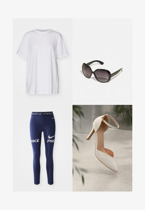 Balta per didelė medvilninė marškinėlių, su apvalia iškirpte, trumpomis rankovėmis ir šoninėmis praplatinimų detalėmis, užtikrinančiomis komfortišką prigludimą. Sklandus paviršius.; Tamsiai mėlyni sportiniai leggingai, pagaminti iš elastingos medžiagos, su "NIKE" ir "PRO" ryškiai baltais rašmenimis šonuose bei papuošta liemene.; Balti aukštakulniai bateliai iš lygios medžiagos su smailiu pirštu ir kulkšnies dirželiu. Yra šviesiai rudos spalvos vidus ir auksinės spalvos detalės.; Juodi akiniai nuo saulės su didelėmis, apvaliom rėmeliais. Lęšiai pereina nuo tamsios iki šviesios spalvos. Turi elegantišką, blizgų paviršių ir subtilius logotipo akcentus ant šventyklų.