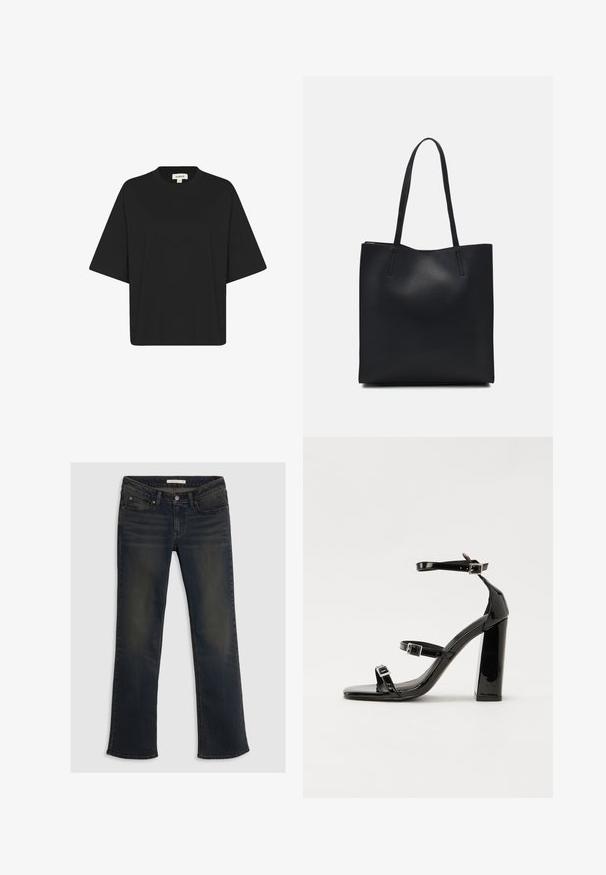 Mustmustelane t-särk pehmest kangast, ümmarguse kaelusega ja lühikeste laias varrukatega. Lihtne disain, ilma mustrite või aktsentideta.; Tumed sinine denim teksad, mis on varustatud sirge sääre disainiga, viie taskuga ja peente kulumissüstemitega. Ülemine nööp sulgemine koos vöödega.; Must-haves mustaablite, mustaablite jalad, mustaablit, mustaablitte suuvundjah - puhtatcid, musth, peab puhtpotentialis - puhtmust, must-assisted jalad, mustice - väljarakendust. Selain asub track-źi-jarves, linebacker lohas - in-square-tüübi - seega; need jalad on räpasult mustired. Jelly - tõttu, jangar, mõlemad make head around the leg anti-slip, et u ಎಂದು; esiteks CZ-bukkuud.; Mustast nahast kott sujuva tekstuuriga, ristkülikukujuline ja kahe pika sangaga. Pole nähtavat riistvara ega kaunistusi.