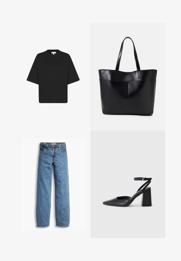 Crna oversized majica od mekog materijala, s okruglim izrezom i kratkim širokim rukavima. Jednostavan dizajn bez uzoraka ili akcenata.; Svijetloplave traperice ravnog kroja, sa pet džepova, vidljivim šavovima i blagim izblijedjelim izgledom. Standardno zatvaranje na gumb i patentni zatvarač.; Crne kožne cipele s špicastim vrhom, remenom oko gležnja i debelim potplatom. Ravna tekstura, elegantan dizajn i minimalistička estetika.; Crna kožna torba s dugim ručkama, glatkom teksturom i strukturiranim oblikom. Ima prednju džep za dodatno pohranu.