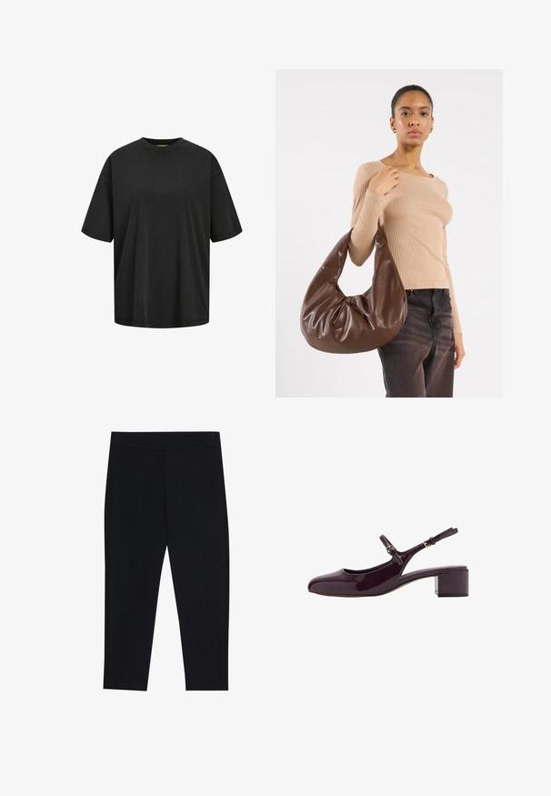 Čierne voľné tričko z bavlny s okrúhlym výstrihom a krátkymi rukávmi. Hladká textúra s minimálnymi švovými detailami.; Čierne legíny vyrobené z elastickej tkaniny, s elastickým pásom a hladkým povrchom. Bez viditeľných vzorov alebo kovových detailov.; Burgundské lakované slingback topánky so štvorcovou špičkou, krátkym blokovým opätkom a nastaviteľným remienkom okolo členku. Hladká textura s lesklým povrchom.; Hnedá kožená hobo taška s uvoľneným dizajnom a hladkou textúrou. Nosená neformálne modelkou, s veľkým otvorom a zaobleným tvarom.