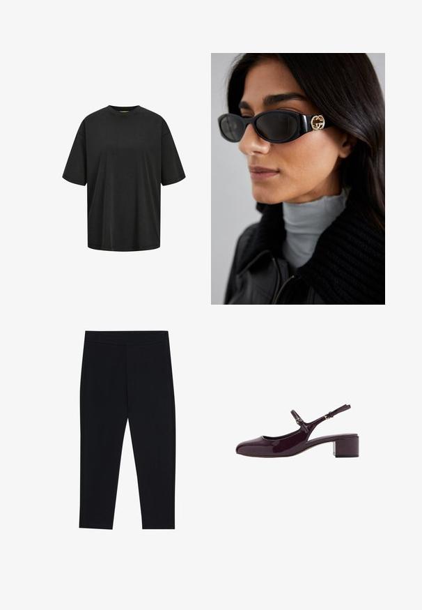 Crna oversized majica od pamuka, s okruglim izrezom i kratkim rukavima. Glatka tekstura s minimalnim detaljima šivanja.; Crne tajice izrađene od rastezljivog materijala, s elastičnim pojasom i glatkom teksturom. Bez vidljivih uzoraka ili metalnih detalja.; Sandalice od lakirane burgundske kože s kvadratnim vrhom, kratkom blok potpeticom i podesivom naramenicom. Glatka tekstura s sjajnim završetkom.; Crne sunčane naočale sa elegantnim pravokutnim okvirom i zlatnim logotipom na strani. Tamna stakla i sjajni finiš su istaknuti.