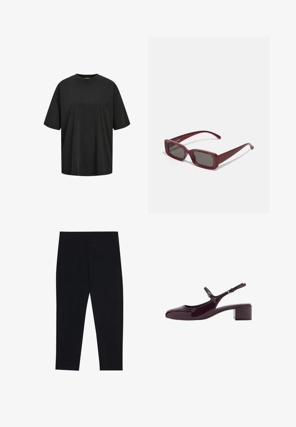 Černé oversized tričko vyrobené z bavlny, s kulatým výstřihem a krátkými rukávy. Hladký povrch s minimem švů.; Černé legíny vyrobené z elastického materiálu, s elastickým pasem a hladkou strukturou. Bez viditelných vzorů nebo kovových detailů.; Burgundské lakované boty s otevřenou patou, čtveratou špičkou, krátkým blokovým podpatkem a nastavitelným páskem kolem kotníku. Hladký povrch s lesklým finišem.; Burgundské obdélníkové sluneční brýle s tmavými skly, silným rámem a zužujícími se stranicemi. Vyrobeno z lesklého plastu s hladkým povrchem.