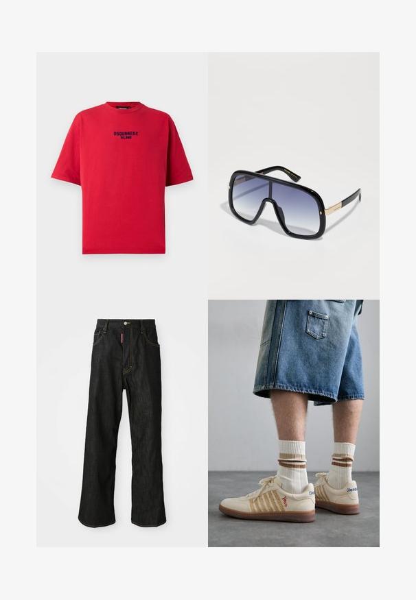 Camiseta de algodão vermelha com decote redondo, mangas curtas e um logótipo impresso a preto que diz "DSQUARED2 MILANO" na frente.; Jeans pretos de perna reta com costura amarela, design de cinco bolsos, fecho de botão e uma pequena etiqueta vermelha no bolso dianteiro direito.; Sapatilhas retro bege com sola de borracha castanha, apresentando detalhes listrados e logótipos bordados. Usadas com meias brancas, com detalhe listrado em castanho.; Óculos de sol oversized pretos com lentes púrpura em degradé, acabamento brilhante e detalhes em dourado nas hastes. Forma de armação retangular.