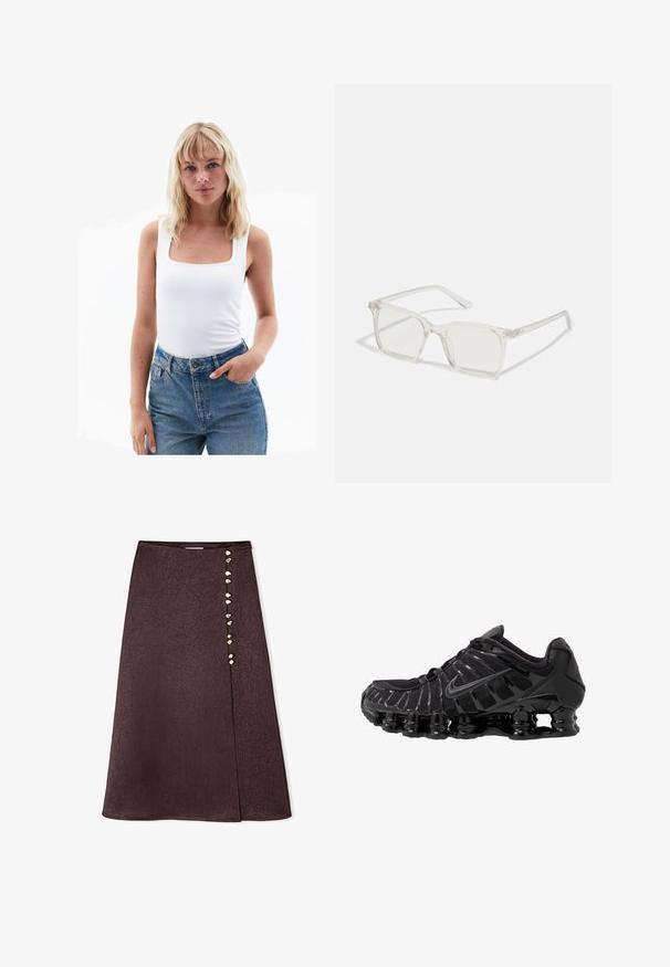 Witte tanktop met een vierkante halslijn, gemaakt van gladde stof, gecombineerd met hooghangende blauwe spijkerbroeken. Eenvoudig ontwerp, minimale details.; Bordeaux midi-jurk met gekreukt textuur, voorzien van een split aan de voorkant en decoratieve stenen knopen langs de linkerkant.; Zwarte sportieve schoen met mesh-bovenwerk en glanzende overlays. Bevat afgeronde spoelvering en textuur lijnen aan de zijkant. Nike-logo zichtbaar.; Heldere plastic vierkante monturen met doorzichtige glazen, gekenmerkt door gouden accenten op de slapen voor extra detail.
