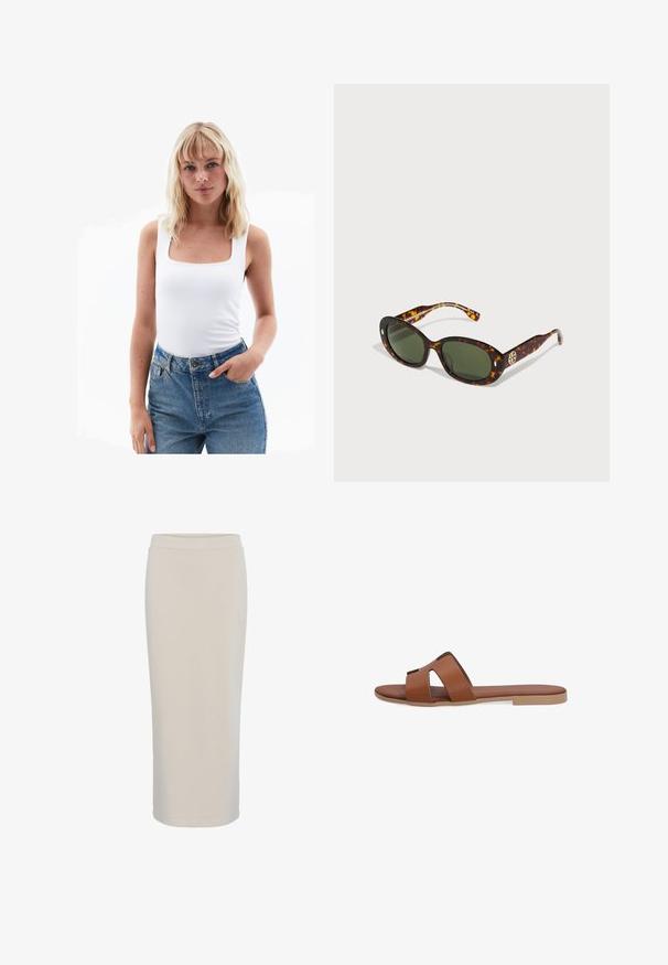 White tank top with a square neckline, made from smooth fabric, paired with high-waisted blue denim jeans. Simple design, minimal detailing.; Beige, knee-length skirt made of soft, stretchy fabric. Features a simple elastic waistband and a straight silhouette with no visible patterns.; Brown leather slide sandal featuring two wide straps with cutout details, flat sole, and a smooth texture. Modern, minimalist design.; Tortoiseshell sunglasses with green lenses, oval shape, featuring gold logo hardware on the side and smooth glossy finish.; White textured handbag with a black trim, featuring a gold chain strap, a detachable shoulder strap, and a triangular logo accent.; White freshwater pearl necklace with irregular shapes, linked with gold hardware and a delicate adjustable chain for length customization.