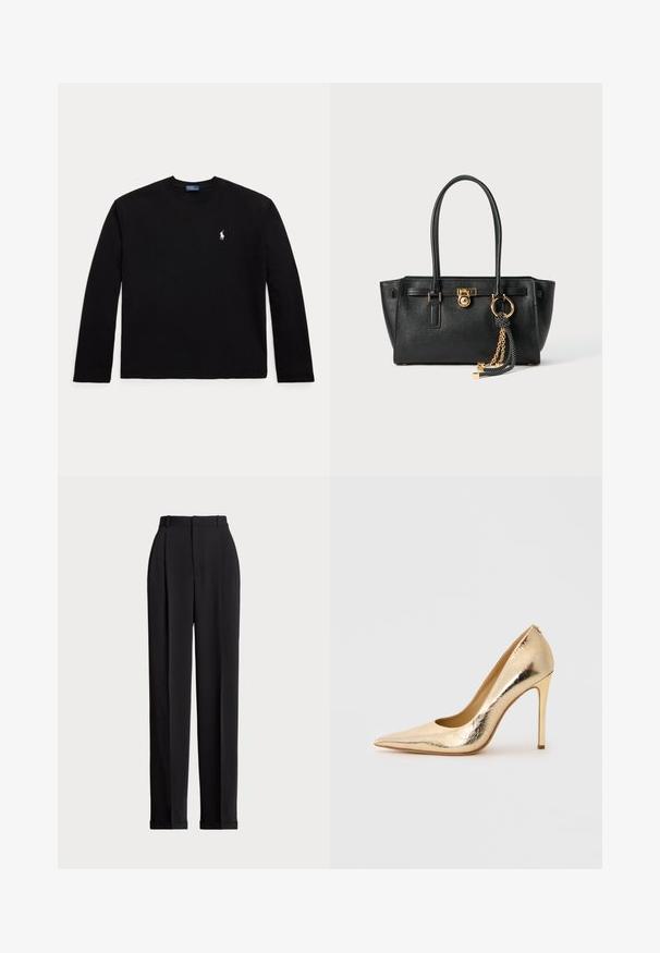 Sort langærmet t-shirt lavet af bomuld, med rund halsudskæring og et lille hvidt polo-logo på venstre bryst. Glat tekstur.; Sorte skrædderbukser med høj talje, der har folder fortil, en lige benlængde og ombukket kant. Lavet af glat stof.; Skinnende guld spidse tå højhælede sko med en slank stilettohæl på en ensfarvet lys baggrund.; Sort læder skuldertaske med dobbelte håndtag, guld lås og kædedetalje samt sort-hvid kvast tilbehør mod hvid baggrund.