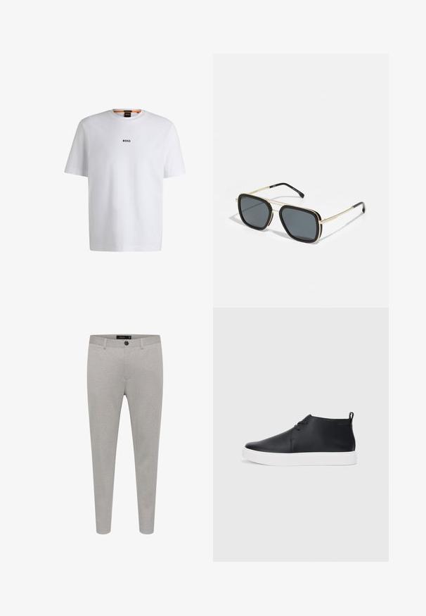 White cotton T-shirt with short sleeves, featuring a black "BOSS" logo centered on the chest and a round neck design.; Light grey tailored trousers made of textured fabric, featuring a button closure, side pockets, and a slim fit design.; Black leather high-top sneakers with a smooth finish, white rubber sole, and simple lace-up design. Features a pull tab at the back.; Black and gold sunglasses with a square shape, metallic frame, dark gray lenses, and black temple tips. Features double bridge design.