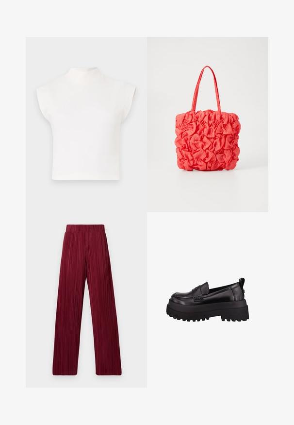 Valge lühike topp kõrge nn. mock kaelusega ja laia, nurga all varrukatega. Valmistatud siledast kangast, ei sisalda nähtavaid mustreid ega kaunistusi.; Burgundi värvi volditud laiad püksid elastse vöökohtaga. Tekstureeritud kangas, millel on vertikaalsed triibud. Sirge lõige hemmini.; Mustad musta lakitud nahast loafers madala, tekstuuriga kummitaldiga, millel on õmmeldud esikülg ja väike tõmmetab kaanel.; Korallivärvi kott, millel on tekstureeritud, volditud disain. Valmistatud pehmest kangast, kahe tugeva sangaga ja avara siseosaga.