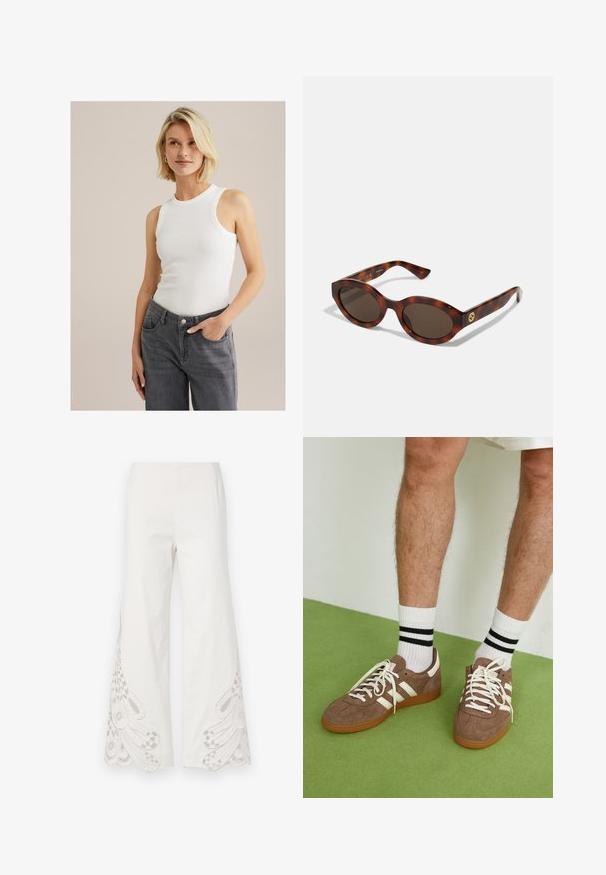 Bela brezrokavna rebrasta majica s krožnim izrezom, v kombinaciji z sivo visokim pasom jeans hlačami, ki vključujejo žepe in gumbasto zapiranje.; Široke hlače iz belega blaga, ki vsebujejo zapletene bež vezenine in valovite robove na spodnjem delu nogavic.; Rjavi semiš športni čevlji z belimi detajli in vezalkami. Gumijast podplat. Nošeni z belimi nogavicami z črnimi črtami. Zelena teksturirana talna obloga.; Želve sončne očala s okroglimi okvirji, temnimi lečami in zlatim logotipom na tempeljih. Gladek plastični material, brez vidnih vzorcev.; Rjava tkana usnjena torbica s sproščenim, trikotnim oblikovanjem. Ima pleten ročaj in zadrgo na vrhu.