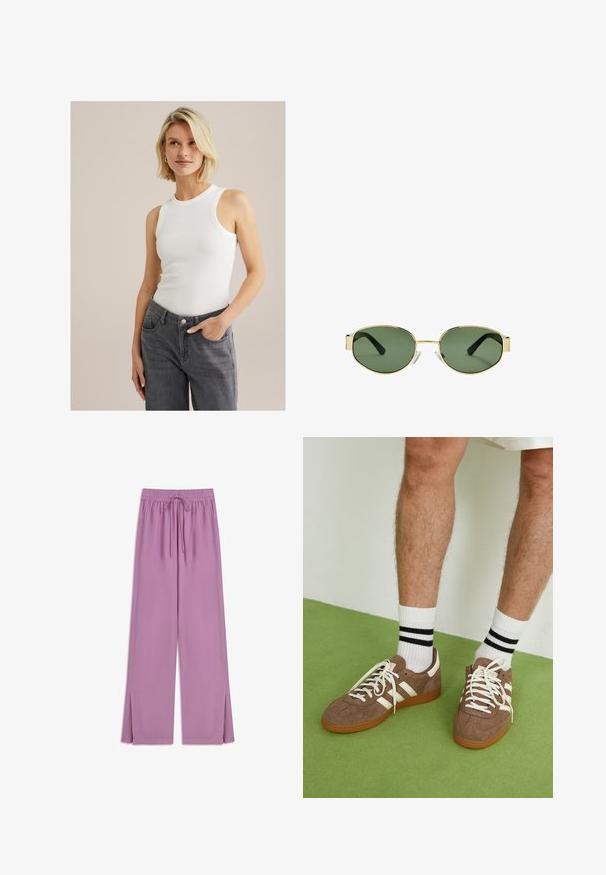 Weißes ärmelloses geripptes Tanktop mit Rundhalsausschnitt, kombiniert mit grauen hoch sitzenden Jeans mit Taschen und Knopfverschluss.; Helle lila, weit geschnittene Hose aus weichem Stoff mit elastischem Bund und Kordelzug; verfügt über seitliche Schlitze am Saum.; Braune Wildleder-Sneaker mit weißen Akzenten und Schnürsenkeln. Gummisohle in Kautschuk-Optik. Getragen mit weißen Socken, die schwarze Streifen haben. Grüner strukturierter Fußboden.; Sonnenbrille mit goldfarbenem Metallrahmen, grünen getönten Gläsern, ovaler Form, schwarzen Bügeln und klaren Nasenpads. Sauberes, minimalistisches Design.; Braune, geflochtene Lederhandtasche mit einer lässigen, dreieckigen Form. Verfügt über einen geflochtenen Griff und einen Reißverschluss an der Oberseite.; Drei Haarklammern: eine schwarz-weiß marmorierte, zwei schildpattfarbene in Braun- und schwarzem Farbton, alle aus glänzendem Kunststoff mit einer strukturierten Oberfläche.