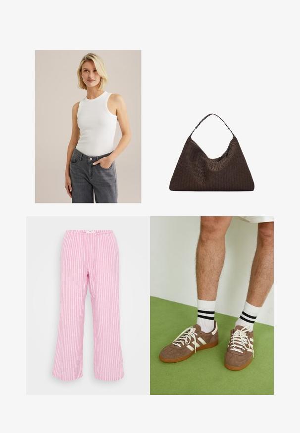 Fehér, ujjatlan, bordázott trikó, kerek nyakkal, szürke, magas derekú farmerral párosítva, amelynek zsebei és gombos záródása van.; Rózsaszín csíkos nadrág, rugalmas derékkal, könnyű anyagból, széles lábszárral és sima textúrával. Függőleges fehér csíkokkal.; Barna velúr sportcipő fehér díszítéssel és fűzővel. Gumi talp. Fehér zoknival viselve, fekete csíkokkal. Zöld, textúrázott padló.; Barna szőtt bőr kézitáska, amely laza, háromszög alakú. Fonott füllel és felső cipzárral rendelkezik.; Három hajcsat: egy fekete-fehér márványos, két teknősbékás barna és fekete árnyalatú, mind fényes műanyagból, texturált felülettel készült.