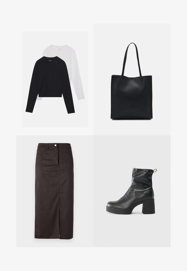 Duas camisas de manga longa: uma preta e uma branca. Ambas apresentam um decote redondo, mangas raglan e um tecido macio em mistura de algodão.; Saia castanha até ao joelho, feita de tecido liso. Apresenta uma fenda frontal, fecho de botão e bolsos laterais para maior funcionalidade.; Botas de tornozelo pretas feitas de couro liso, com fecho lateral, salto grosso texturizado e design de bico arredondado.; Bolsa tote preta em couro com textura lisa, forma retangular e duas alças longas. Sem hardware ou enfeites visíveis.