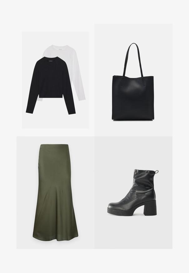 Du dušo ilgomis rankovėmis marškiniai: vieni juodi, kiti balti. Abu marškiniai turi apvalų iškirpimą, raglan tipo rankoves ir minkštą medvilnės mišinio audinį.; Olive spalvos, prigludusi midi sijonas, pagamintas iš satino medžiagos, išsiplėtęs apačioje, demonstruojamas prieš baltą foną.; Juodos kulkšninių botai, pagaminti iš lygaus odos, su šoniniu užtrauktuku, masyviu tekstūruotu kulnu ir apvaliu pirštu.; Juodas odinis tote krepšys su lygia tekstūra, stačiakampio formos ir dviem ilgais rankenomis. Matomų metalinių detalių ar puošybos nėra.