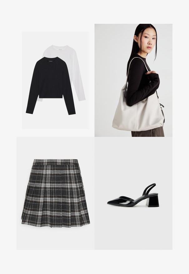To lange ermerte skjorter: en svart og en hvit. Begge har rund hals, raglanermer og er laget av en myk bomullsblanding.; ONLY ONLCHELSEA CHECK SKIRT - Plisséskjørt - black/white; Svarte patentlær slingback hæler med spiss tå og geometrisk blokk hæl. Har et stilrent, minimalistisk design og jevn tekstur.; Beige håndveske laget av mykt materiale, med en slapp design, sydd detaljer og to skulderstropper. Passer for daglig bruk.