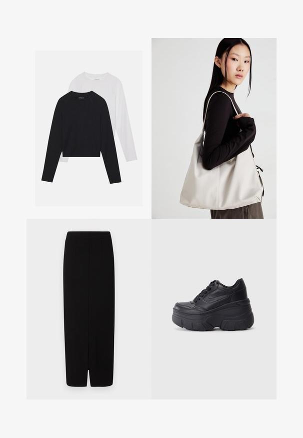 Două cămăși cu mâneci lungi: una neagră și una albă. Ambele au guler rotund, mâneci raglan și sunt realizate dintr-un amestec moale de bumbac.; Fustă neagră, dintr-un material neted, cu talie înaltă, două pliuri frontale și o fanta la margine pentru un confort sporit în mișcare.; Adidași negri cu șireturi, cu un toc gros, având partea superioară din piele netedă, vârf rotund și un design distinct de platformă stratificată.; Geantă bej din material moale, cu un design lejer, detalii cusute și două bretele pentru umăr. Potrivită pentru utilizarea zilnică.