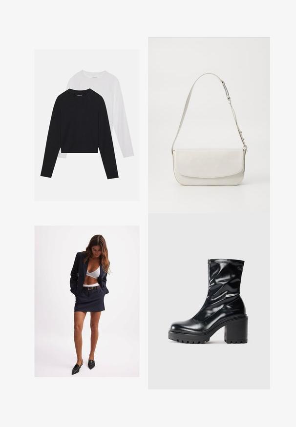 Dos camisetas de manga larga: una negra y una blanca. Ambas cuentan con un cuello redondo, mangas raglán y una suave mezcla de algodón.; Conjunto de blazer y falda en color marino, con corte entallado y cinturón a juego. Sujetador blanco debajo. Los zapatos planos negros de punta completan el look. Textura de tela suave.; Bota de cuero negra hasta la mitad de la pantorrilla con tacón ancho y suela estriada, mostrada de perfil sobre un fondo claro y sencillo.; Bolso de hombro de cuero blanco con un acabado suave, forma rectangular, cierre con solapa y una correa ajustable. Detalle de costura simple.