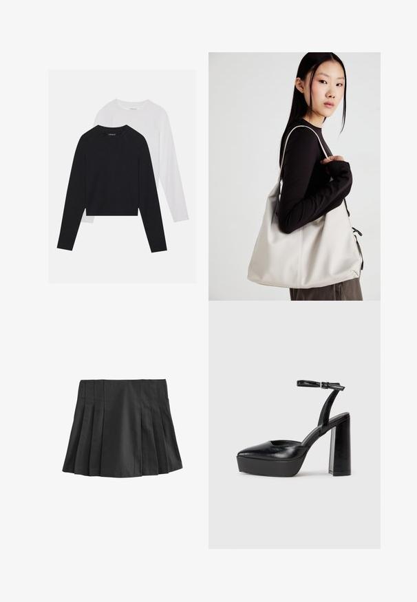 Kaks pikade varrukatega särki: üks must ja teine valge. Mõlemal on ümar kaelus, raglanvarrukad ja pehme puuvillasegu kangas.; Must mustriga mini seelik elastse vöökohtaga. Valmistatud siledast kangast, millel on mitmed vertikaalsed voldid, et lisada tekstuuri ja disaini.; Mustad platvormi kontsad terava ninaga ja reguleeritava pahkluuraamiga. Valmistatud siledast nahast, funktsioneerib massiivse plokknäheeliga.; Bež käekott pehme materjali, millel on lõtv disain, õmblustega detailid ja kaks õlarihma. Sobib igapäevaseks kasutamiseks.