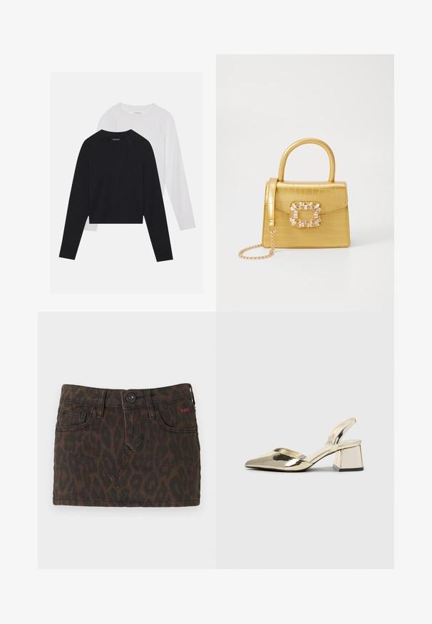 To lange ermerte skjorter: en svart og en hvit. Begge har rund hals, raglanermer og er laget av en myk bomullsblanding.; Kort denimskjørt i mørkebrun med leopardmønster, med knappeåpning, beltehemper og forlommer. Rød logoaksent.; Gull, metallisk slingback-hæler med spiss tå og chunky hæl. Glatt tekstur, minimalistisk design og en smal stropp.; Gul faux-krokodille veske med en strukturert design, toppen håndtak, avtagbar kjede stropp, og dekorativ krystallbortsettelse på låsen.; Gullfarget metalløredobber med et elegant, buet design. Har en karakteristisk spiss form, polert overflate og hengsel-lukking.