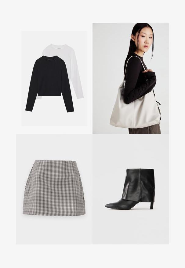 Duas camisas de manga longa: uma preta e uma branca. Ambas apresentam um decote redondo, mangas raglan e um tecido macio em mistura de algodão.; Saiote de xadrez preto e branco com corte reto, laterais plissadas e uma textura suave. O tecido apresenta um padrão de pequenos quadrados.; Bota de couro preta até o meio da panturrilha com bico fino, parte superior dobrada e salto baixo e esguio, em fundo branco.; Uma bolsa bege feita de material macio, com um design descontraído, detalhes de costura e duas alças para o ombro. Adequada para uso diário.