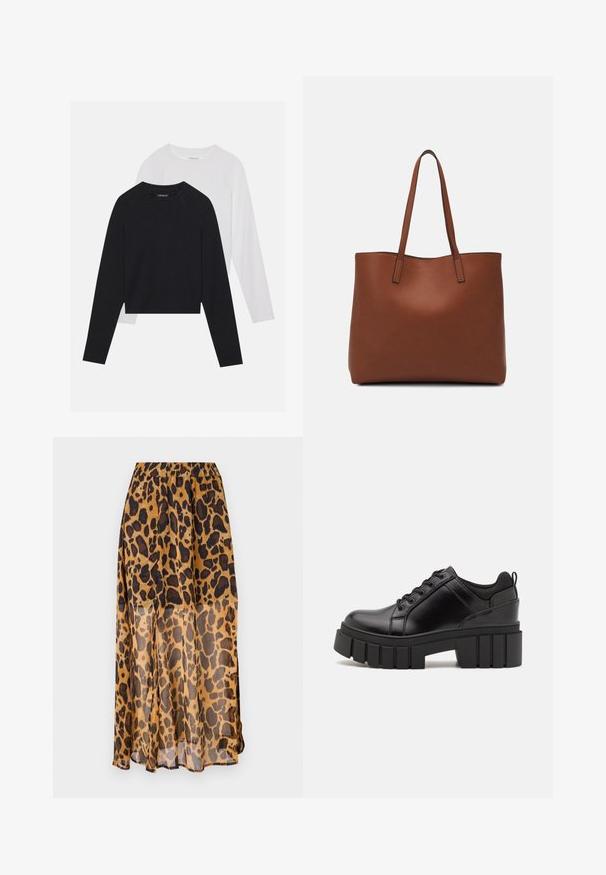 Dve dolge majice z dolgimi rokavi: ena črna in ena bela. Obe imata okroglo ovratnico, raglan rokave in mehko mešanico bombaža.; Krilo z leopardskim vzorcem, izdelano iz lahkega, prosojnega blaga. Ima elastičen pas in fluidno zasnovo, s toni rjave in črne barve.; Črne usnjene platforme z debelim blokastim petam, okroglo konico in klasičnim vezanjem. Imajo gladko teksturo in minimalne podrobnosti.; Rjava usnjena torba z gladko teksturo, odprto zasnovo zgoraj in dvema naramnima trakovoma. Opremljena je z minimalnim šivanjem in brez vidnih kovinskih delov.