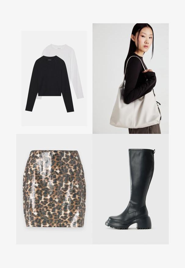 Divas garām piedurknēm krekli: viens melns un viens balts. Abiem ir apaļa izgriezne, raglanu piedurknes un mīksta kokvilnas maisījuma audums.; Leoparda raksta mini svārki ar sekvīniem, piegulstošu dizainu, brūnu un melnu krāsu, un taisnu apakšmalu.; Augstas melnas ādas zābakus ar masīvu platformu un bloka papēdi, ar vilkšanas cilpu un strukturētu profilu uz ārējā zoles.; Bežs rokassoma, izgatavota no mīksta materiāla, ar brīvu dizainu, izšūtu apdari un divām plecu siksnām. Piemērota ikdienas lietošanai.