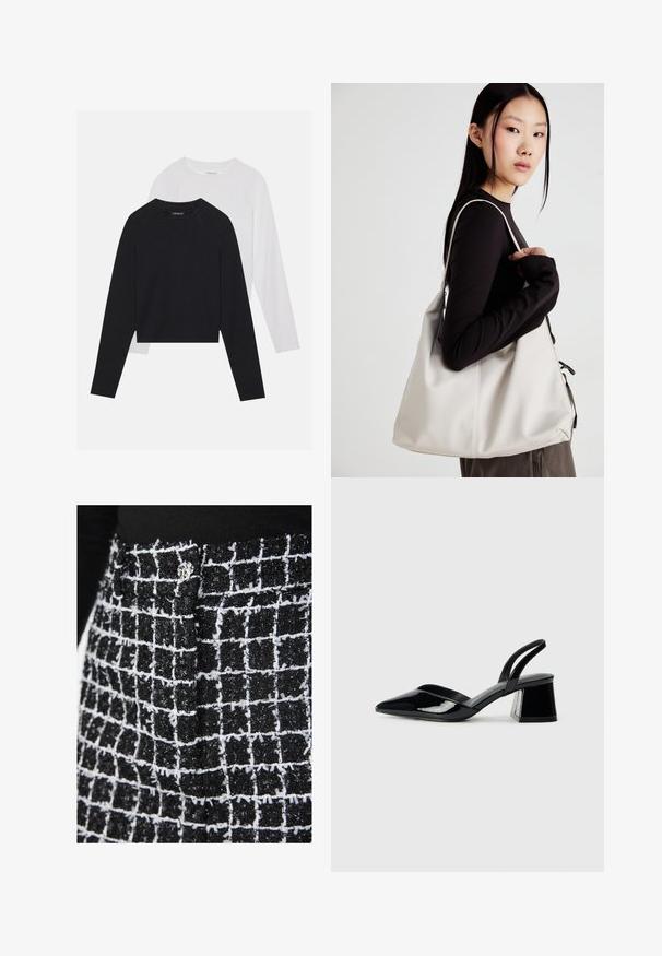 Két hosszúujjú póló: az egyik fekete, a másik fehér. Mindkettő kerek nyakú, raglán ujjal és puha pamutkeverék anyaggal készült.; Fekete-fehér mintázatú anyag, textúrált felülettel, rácsos mintázattal és fényes ezüst díszítéssel a derékrészen.; Fekete lakk bőr szandálkés magas sarkú cipő, hegyes orral és geometrikus tömbsarkakkal. Karcsú, minimalista dizájn és sima textúra jellemzi.; Puha anyagból készült bézs kézitáska, laza dizájnnal, varrott részletekkel és két vállpánttal. Mindennapi használatra alkalmas.