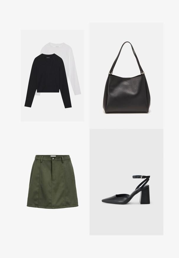 Due camicie a maniche lunghe: una nera e una bianca. Entrambe presentano un col a girocollo, maniche raglan e un morbido tessuto in misto cotone.; Gonna mini in suede verde scuro con passanti per cintura, bottone anteriore e dettagli delle cuciture.; Pump in pelle nera con punta affusolata, cinturino alla caviglia e tacco spesso. Texture piatta, design elegante ed estetica minimalista.; Borsa a tracolla nera in pelle sintetica con una texture morbida, forma hobo e doppi manici; presenta una finitura lucida e un design minimalista.; Orecchini in tono oro caratterizzati da forme ondulate eTexture. Comprendono chiusure clip-on scultoree e un design a cerchio aperto con finitura martellata.