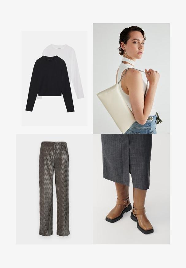 Two long-sleeved shirts: one black and one white. Both feature a crew neck, raglan sleeves, and a soft cotton blend fabric.; Gray pleated wide-leg pants with a textured, diamond-shaped pattern. Soft material, elastic waistband, and cropped length.; Brown leather knee-high boots with a square toe, black rubber sole, and adjustable buckle strap detail. Worn with a gray pinstripe skirt.; White rectangular clutch bag made of glossy material, featuring a silver chain strap. Model poses, showcasing the bag against a plain background.